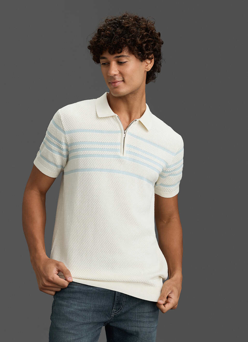 Men Off White Regular Fit Short Sleeve Striped Zip Knitted Polo, , large image number 4
