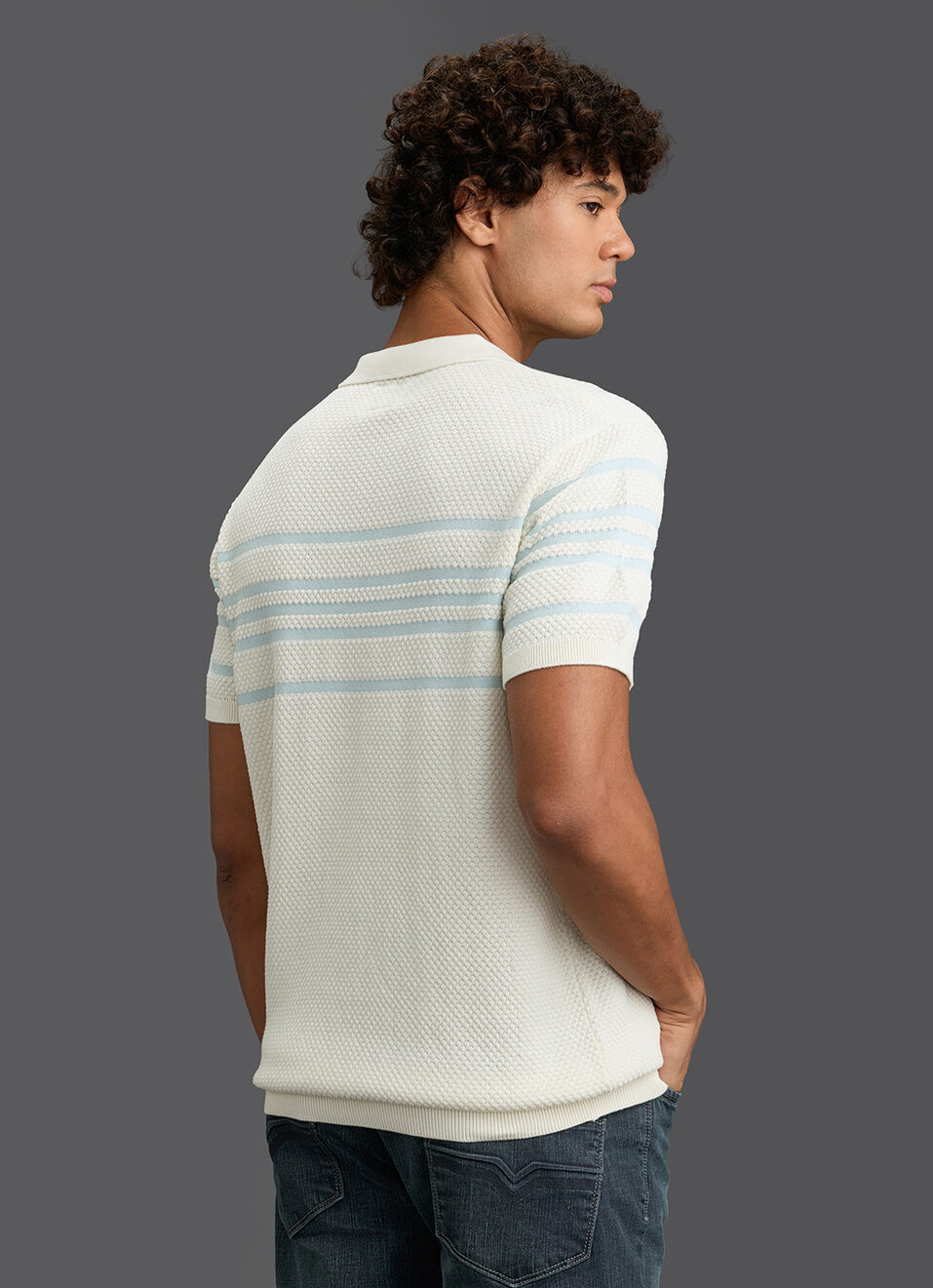 Men Off White Regular Fit Short Sleeve Striped Zip Knitted Polo, , large image number 5