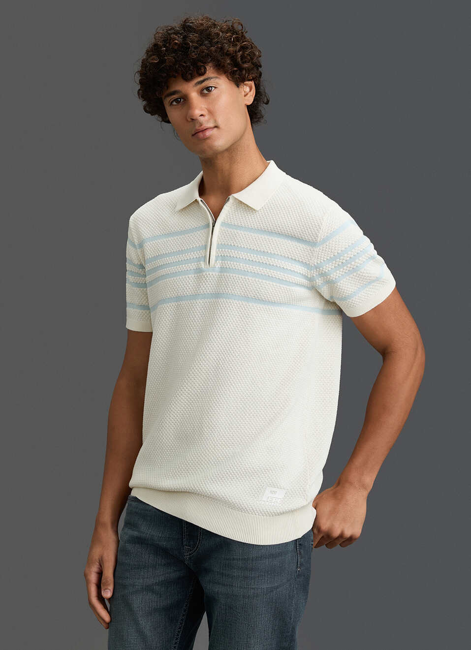 Men Off White Regular Fit Short Sleeve Striped Zip Knitted Polo, , large image number 6