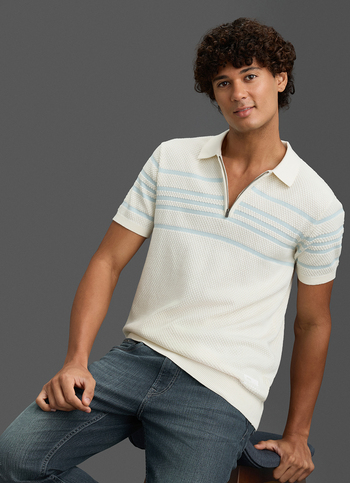 Men Off White Regular Fit Short Sleeve Striped Zip Knitted Polo