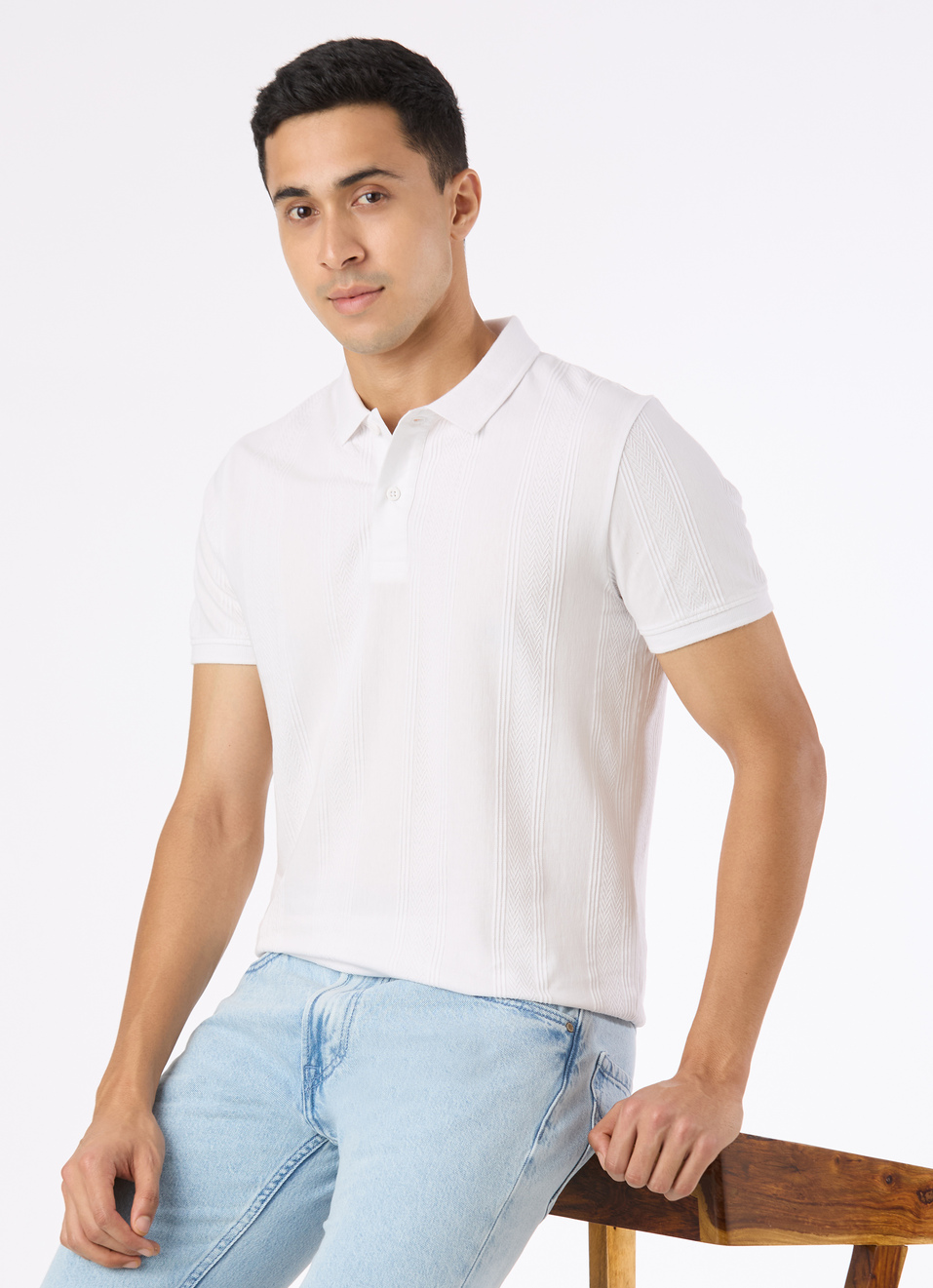 Men White Striped Polo Collar T-shirt, , large image number 0