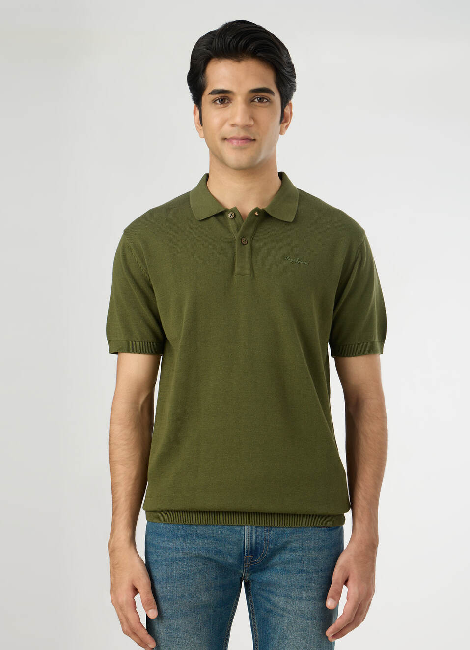 Men Olive Green Regular Fit Short Sleeve Knitted Polo, , large image number 1