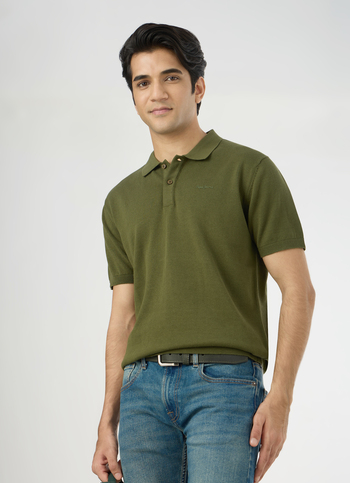 Men Olive Green Regular Fit Short Sleeve Knitted Polo
