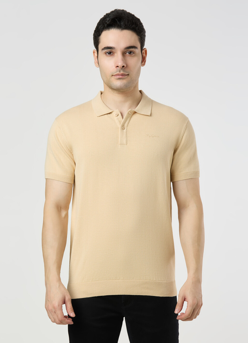 Men Ivory White Regular Fit Short Sleeve Knitted Polo, , large image number 1