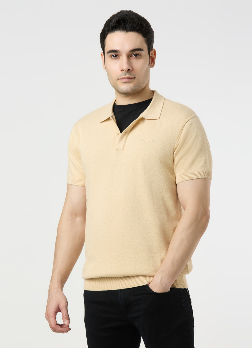 Men Ivory White Regular Fit Short Sleeve Knitted Polo, , large image number 0