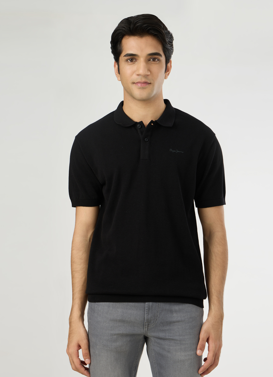 Men Black Regular Fit Short Sleeve Knitted Polo, , large image number 1