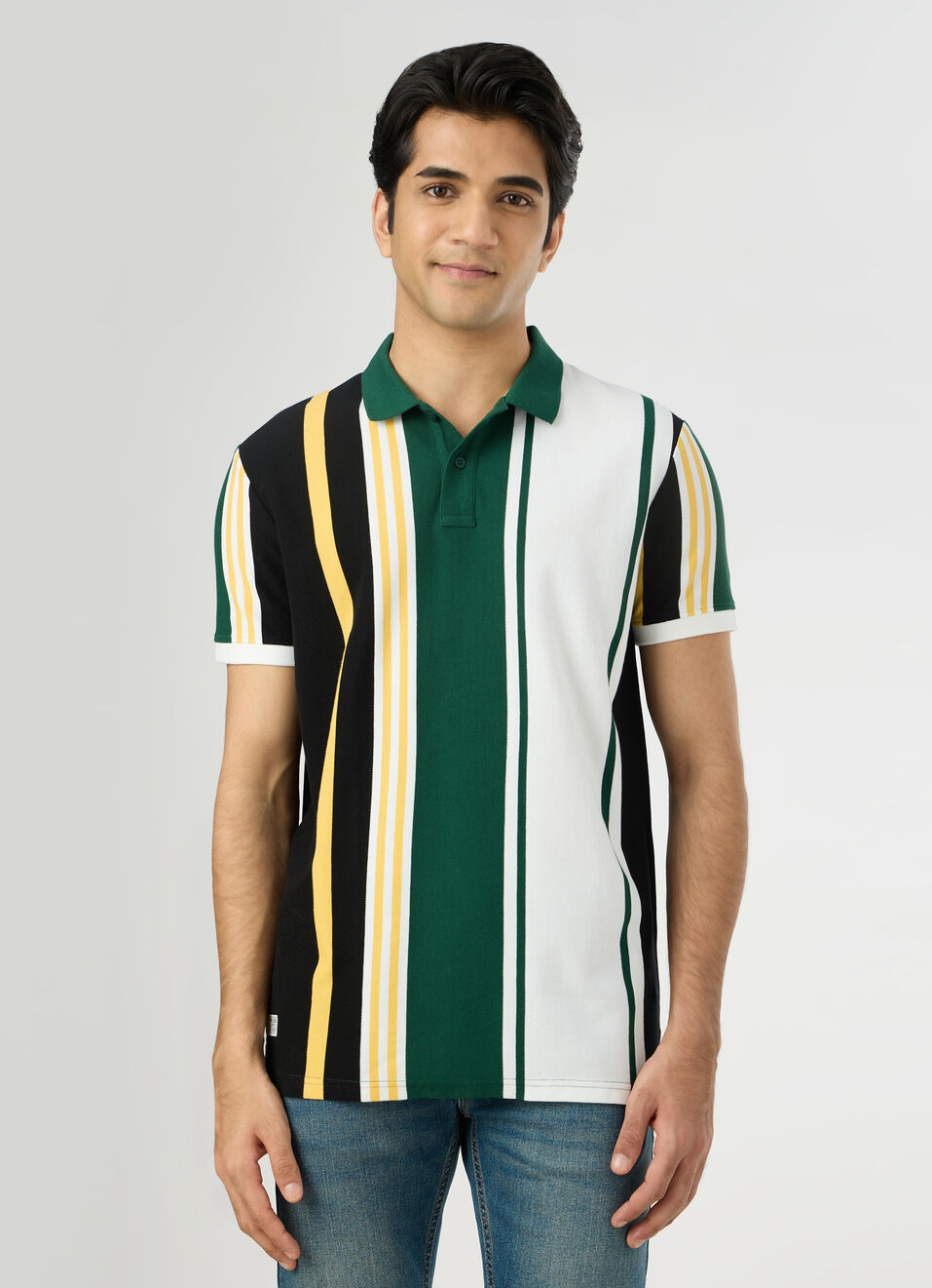 Men White Striped Polo Collar T-shirt, , large image number 1