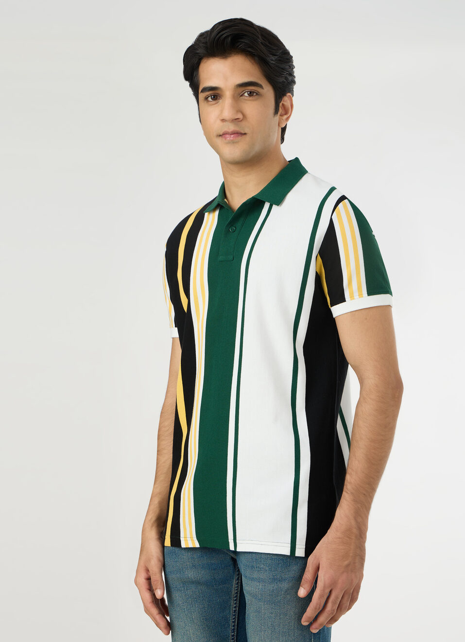 Men White Striped Polo Collar T-shirt, , large image number 3