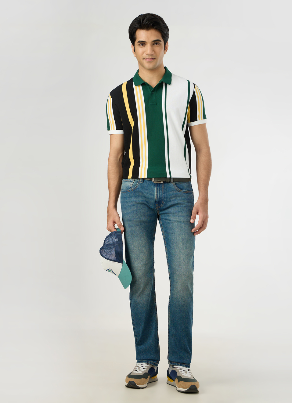 Men White Striped Polo Collar T-shirt, , large image number 5