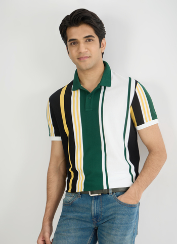 Men White Striped Polo Collar T-shirt