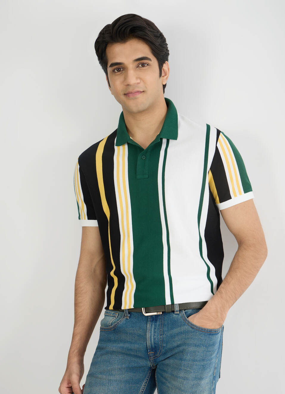 Men White Striped Polo Collar T-shirt, , large image number 0