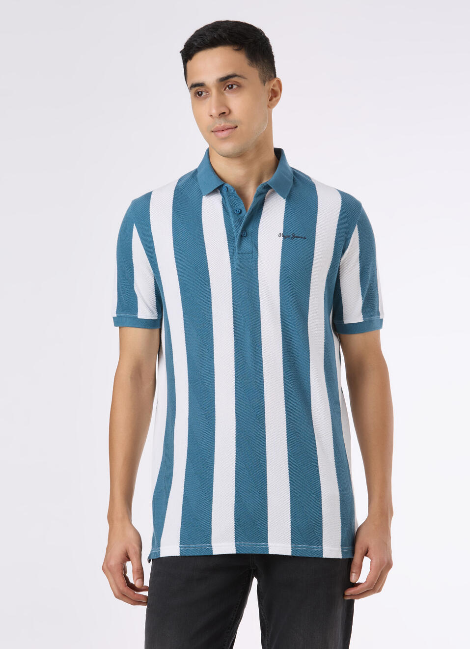Men Teal Blue Striped Polo Collar T-shirt, , large image number 1