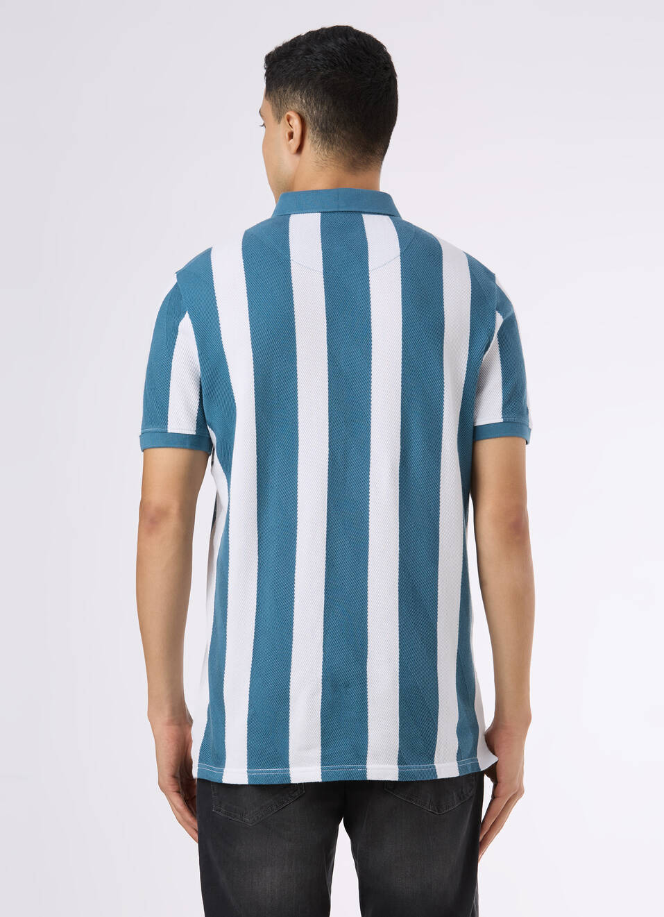 Men Teal Blue Striped Polo Collar T-shirt, , large image number 2