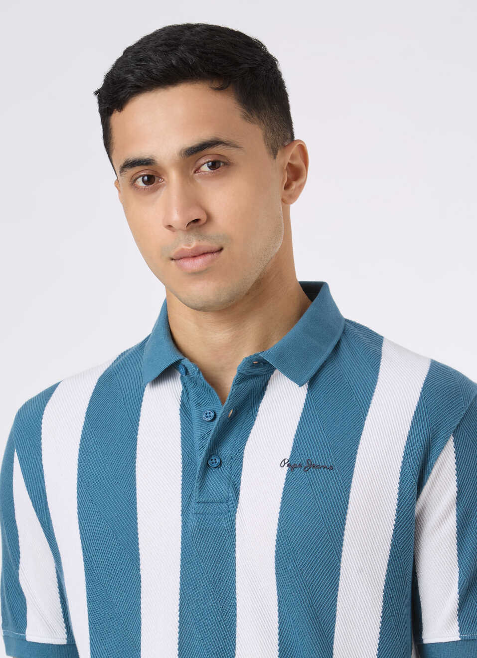 Men Teal Blue Striped Polo Collar T-shirt, , large image number 4