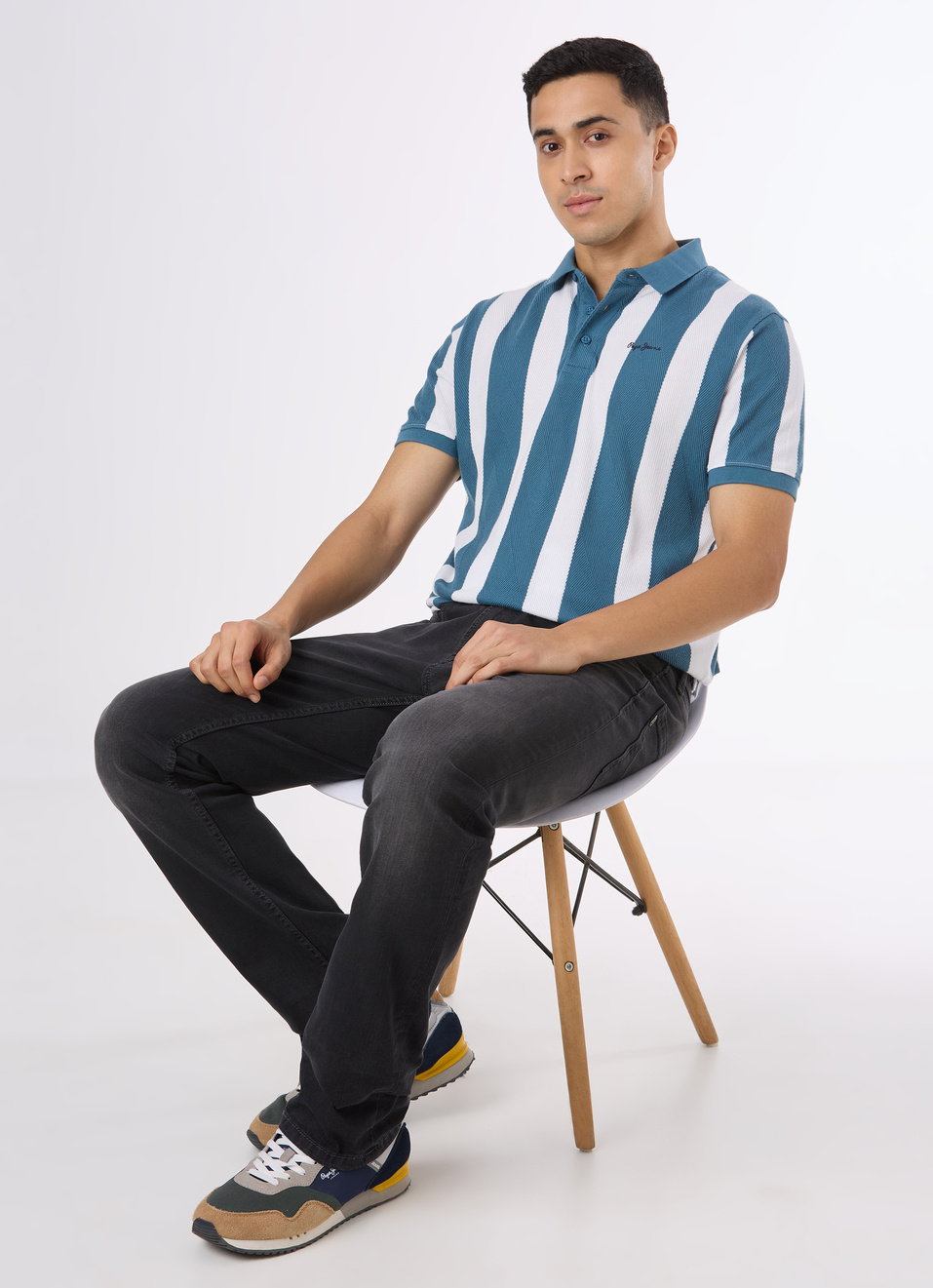 Men Teal Blue Striped Polo Collar T-shirt, , large image number 5