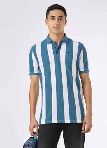 Men Teal Blue Striped Polo Collar T-shirt