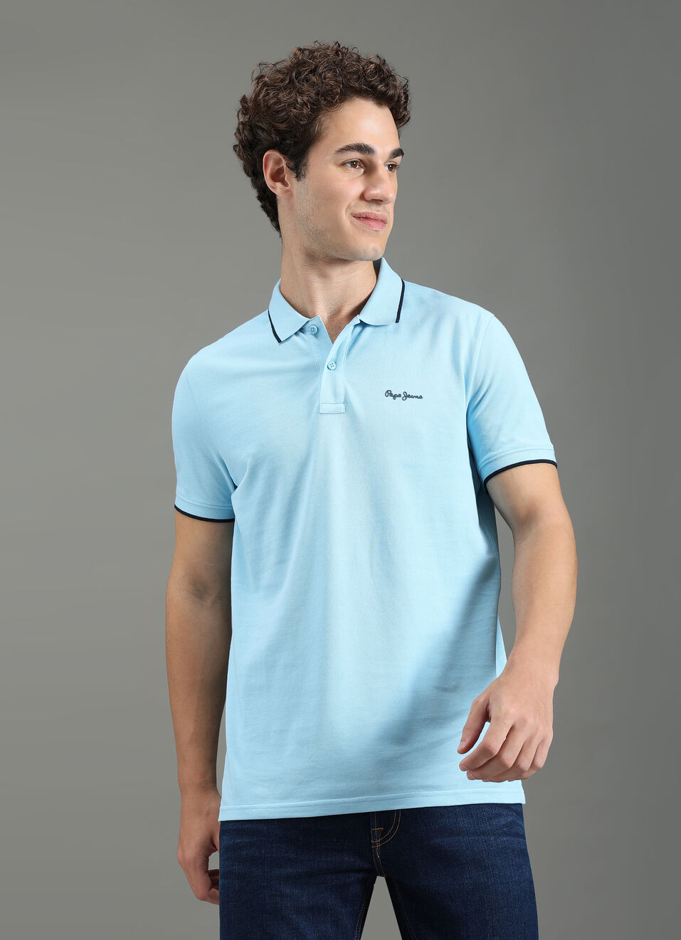 Men Sky Blue Polo Collar T-shirt, , large image number 1