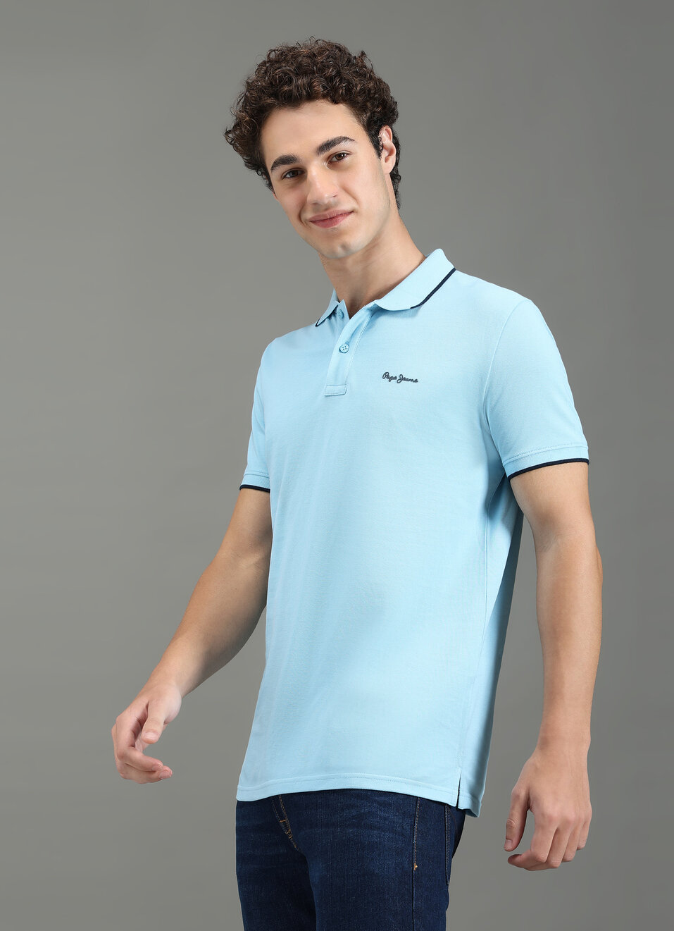 Men Sky Blue Polo Collar T-shirt, , large image number 3