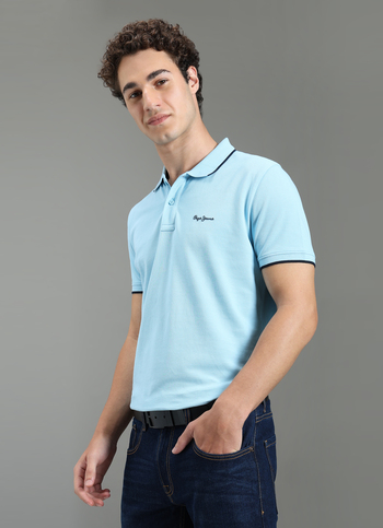 Men Sky Blue Polo Collar T-shirt