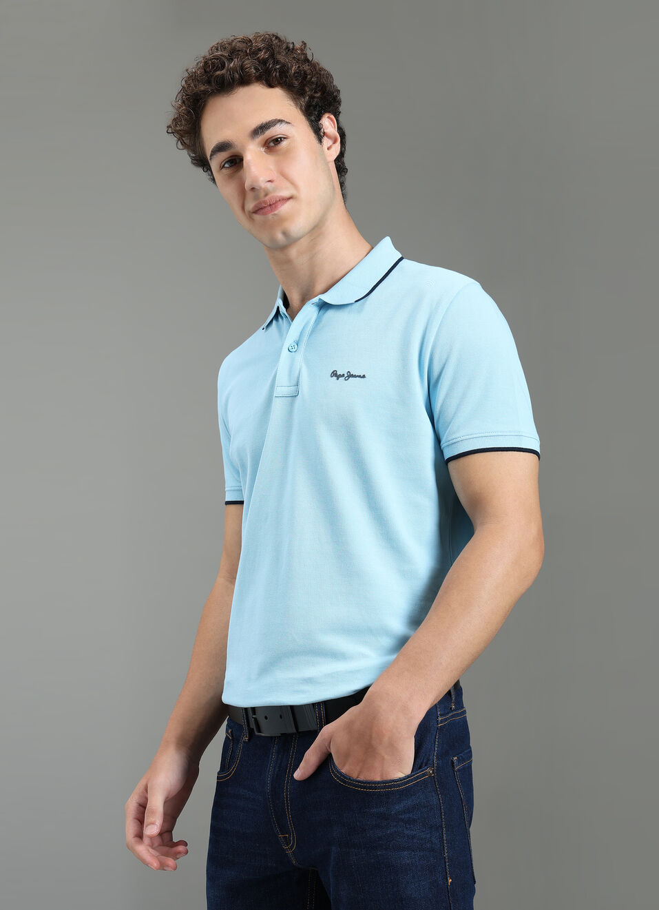 Men Sky Blue Polo Collar T-shirt, , large image number 0