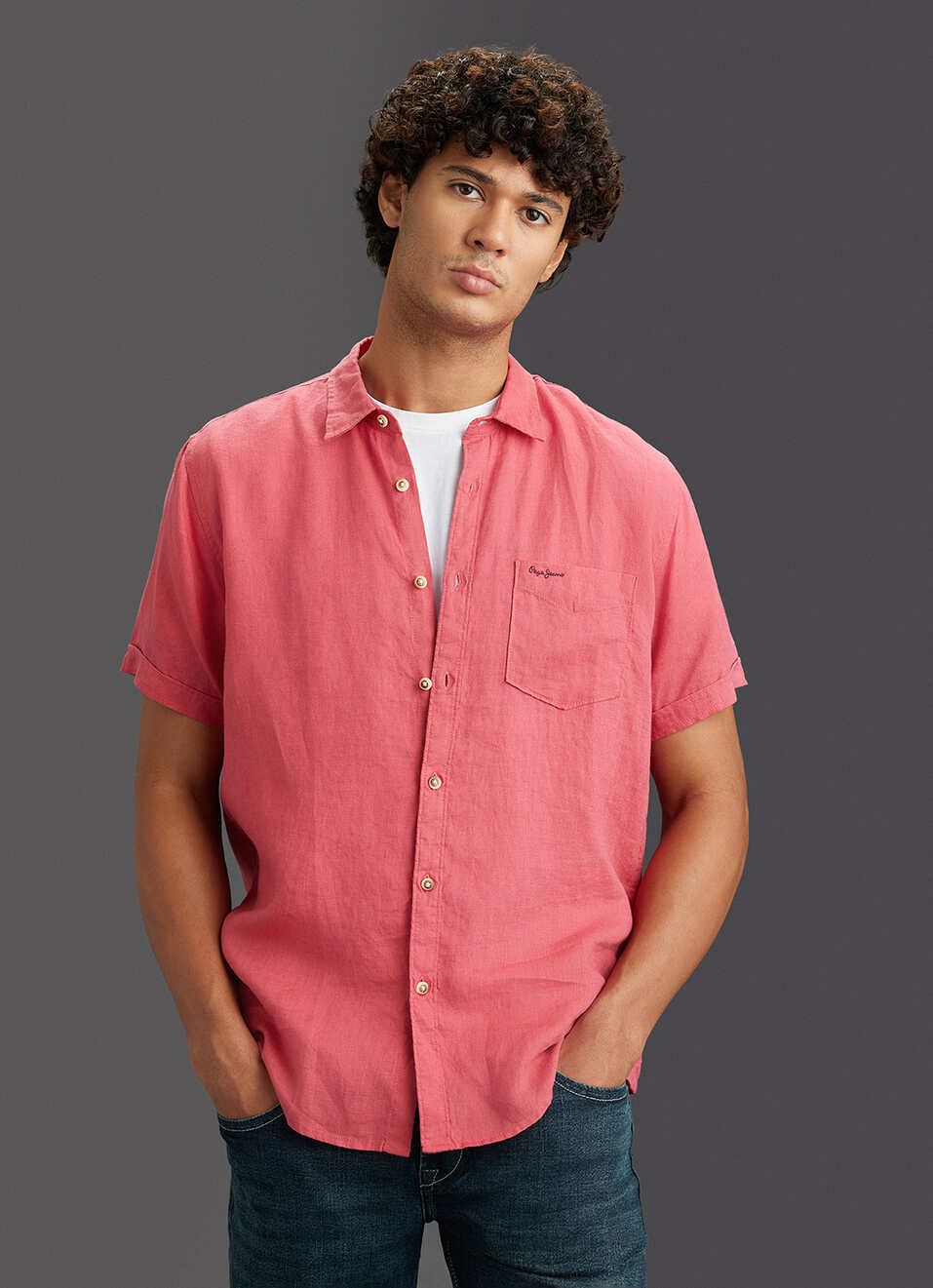 Men Pink Pure Linen Short Sleeve Shirt image number 5