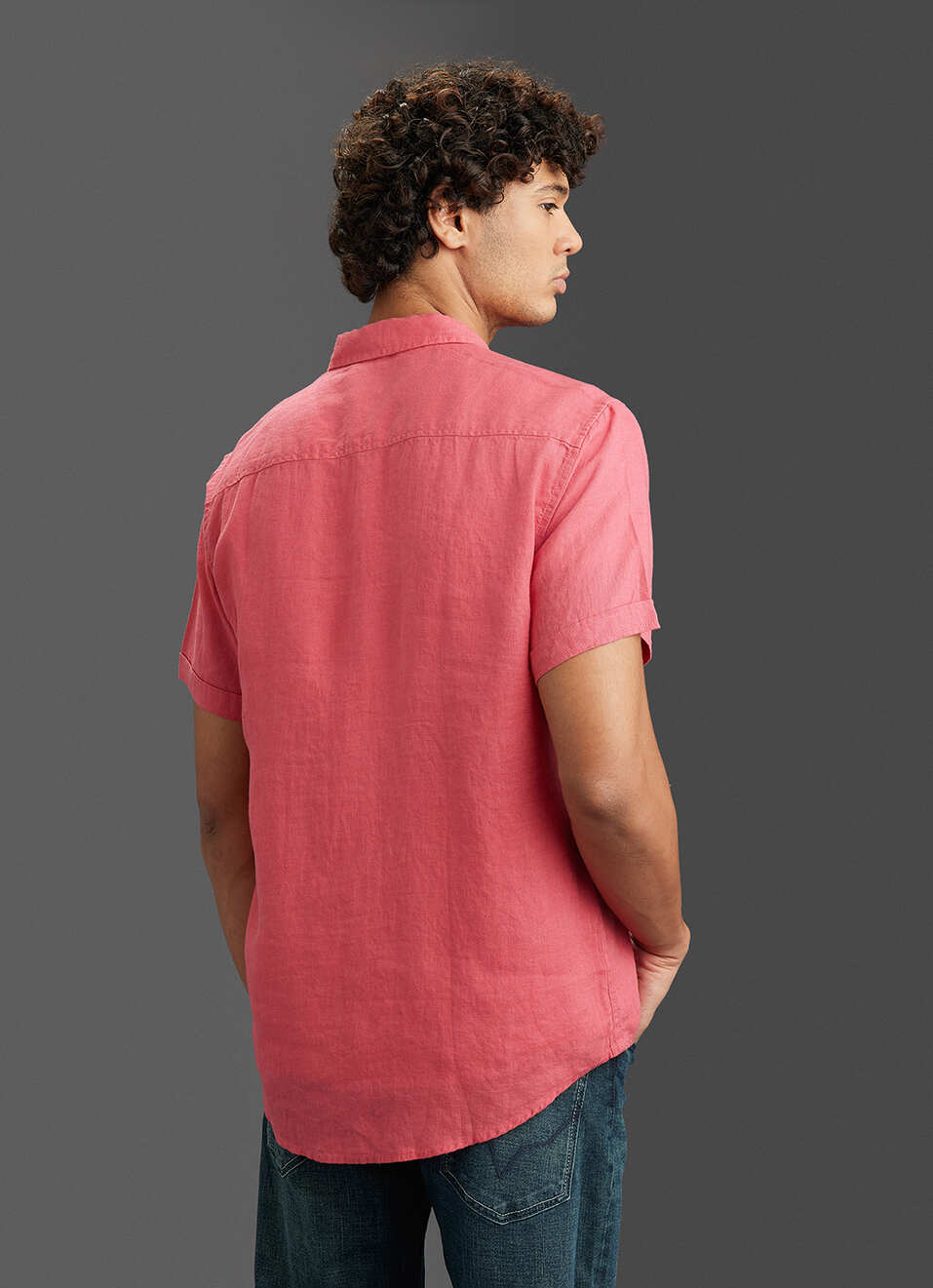 Men Pink Pure Linen Short Sleeve Shirt image number 6