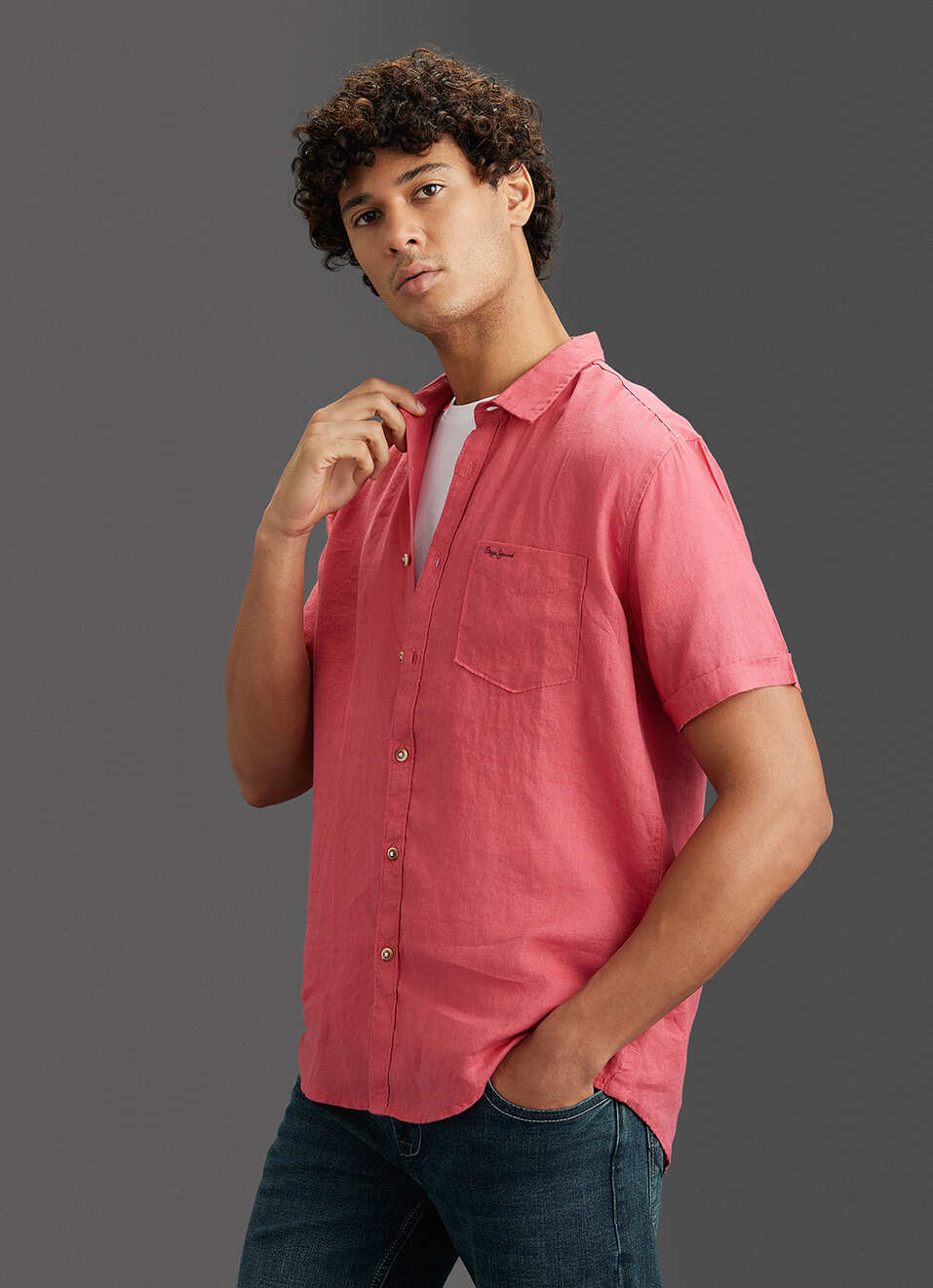 Men Pink Pure Linen Short Sleeve Shirt image number 7