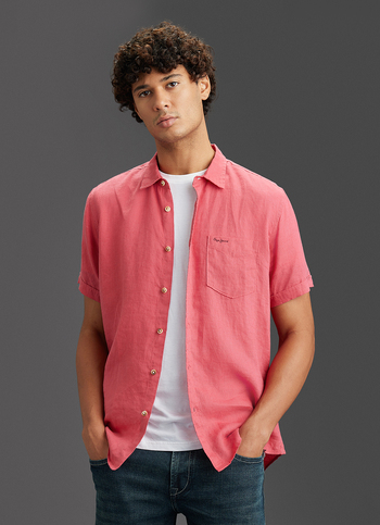 Men Pink Pure Linen Short Sleeve Shirt