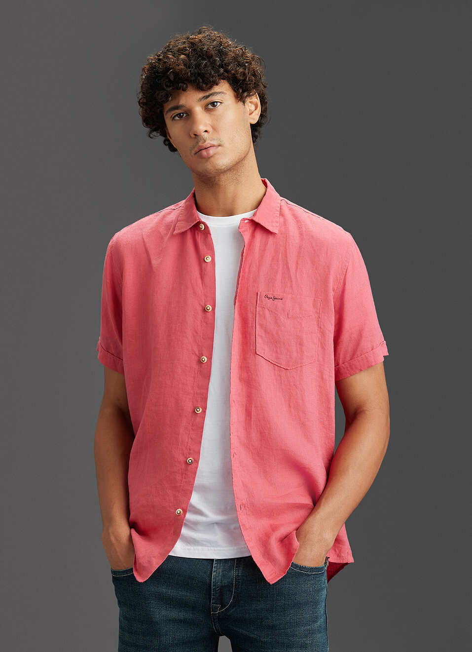 Men Pink Pure Linen Short Sleeve Shirt image number 0