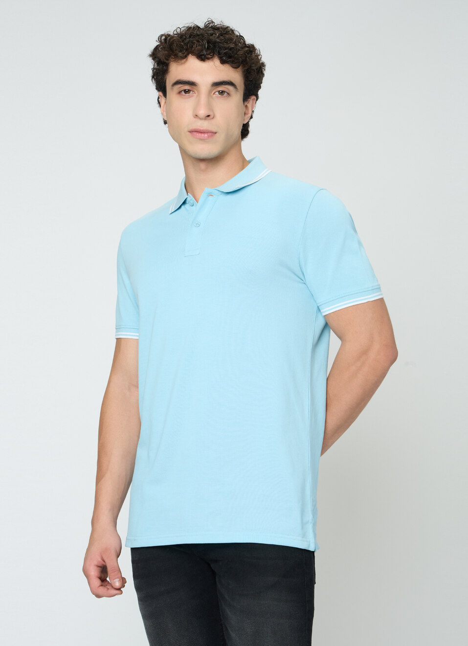 Men Blue Solid Polo Collar T-shirt, , large image number 1