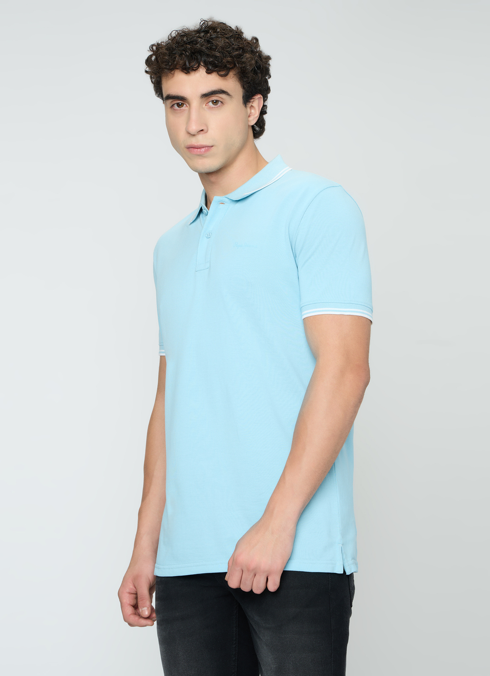 Men Blue Solid Polo Collar T-shirt, , large image number 3