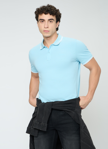 Men Blue Solid Polo Collar T-shirt