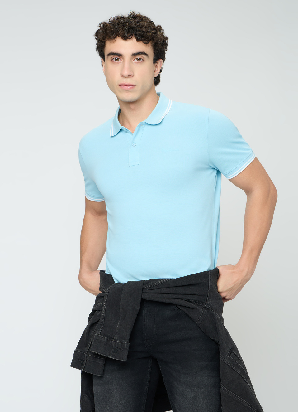 Men Blue Solid Polo Collar T-shirt, , large image number 0