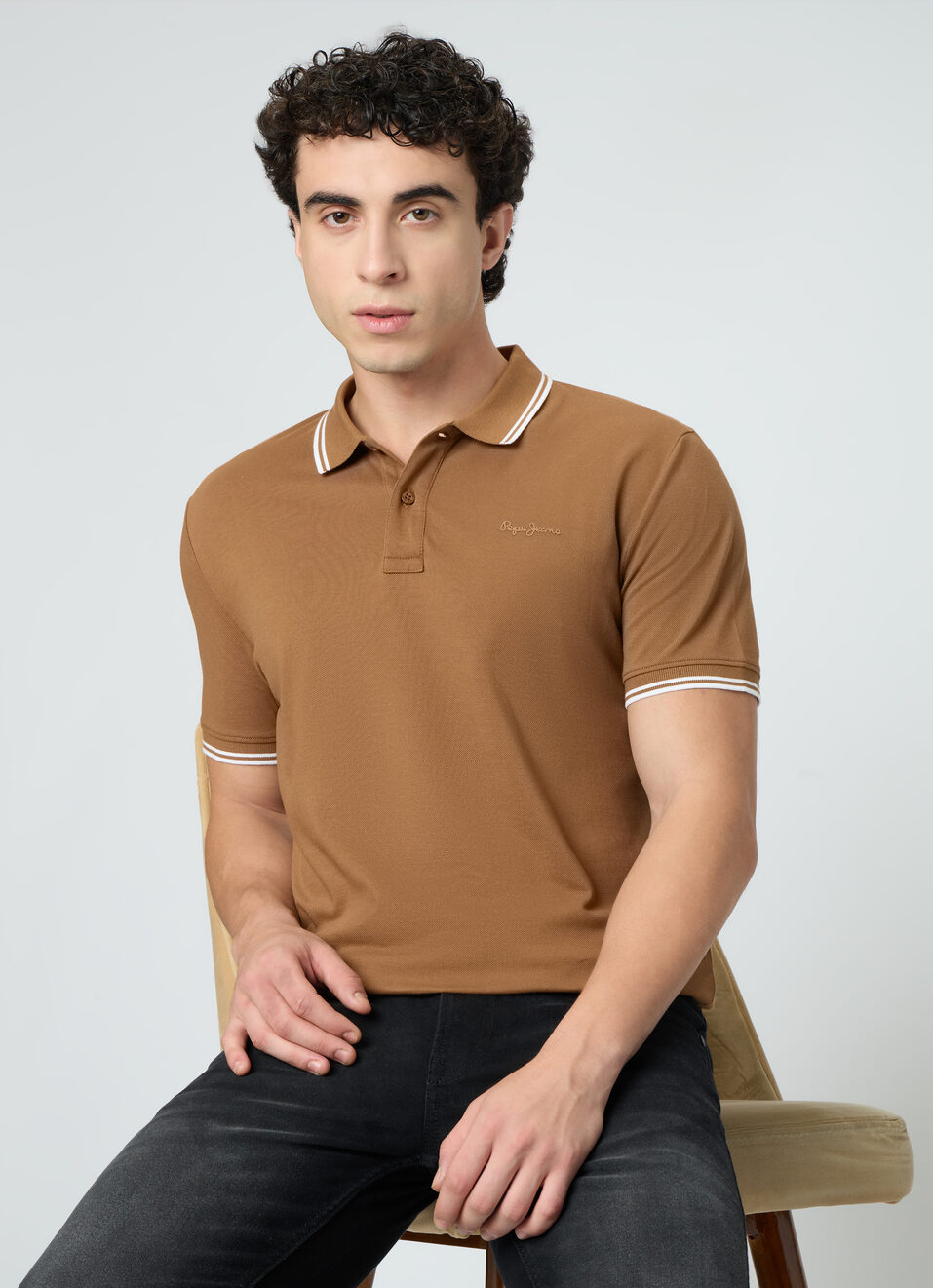 Men Brown Solid Polo Collar T-shirt, , large image number 0