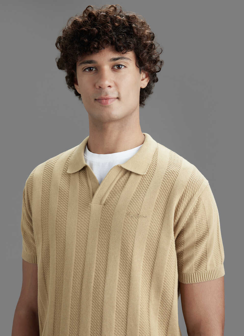 Men Beige Regular Fit Short Sleeve Textured Knitted Polo, , large image number 4