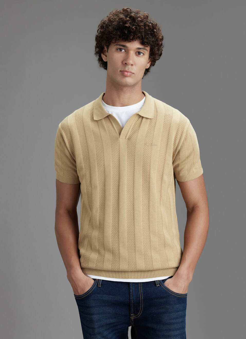 Men Beige Regular Fit Short Sleeve Textured Knitted Polo, , large image number 5