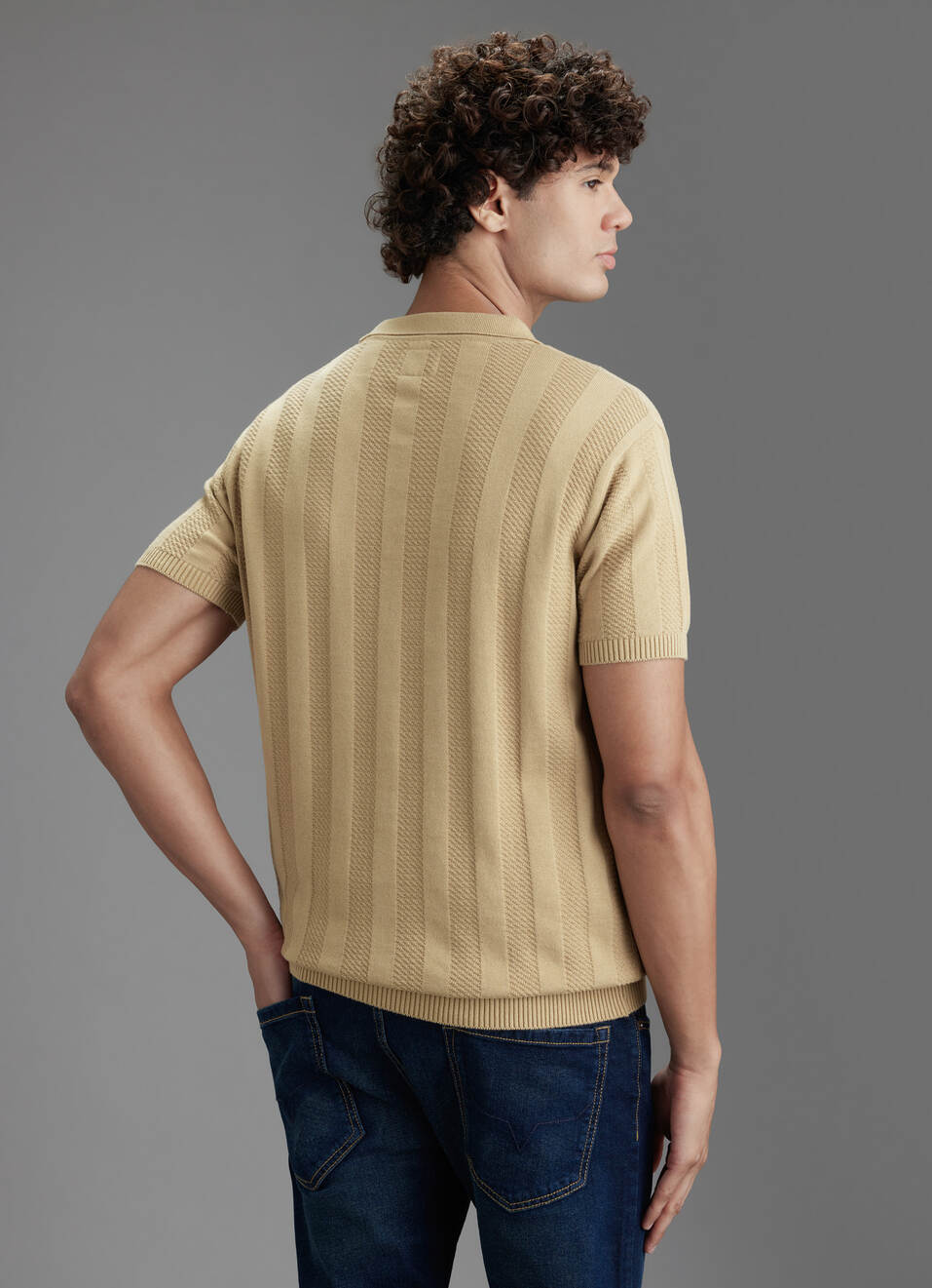 Men Beige Regular Fit Short Sleeve Textured Knitted Polo, , large image number 6