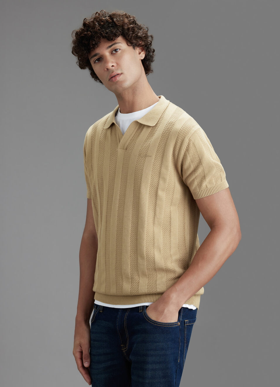 Men Beige Regular Fit Short Sleeve Textured Knitted Polo, , large image number 7