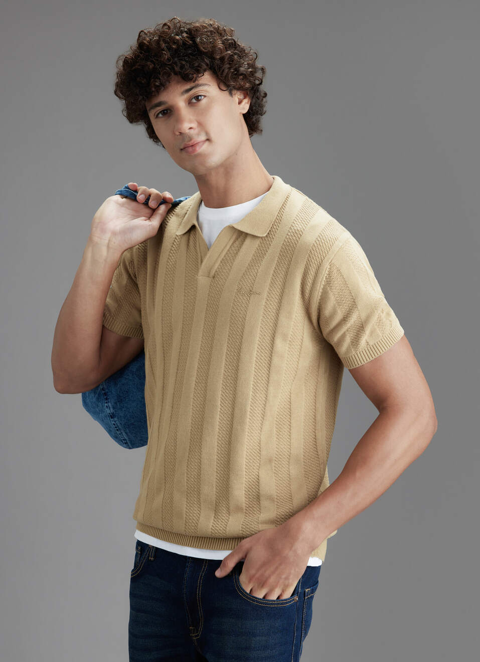 Men Beige Regular Fit Short Sleeve Textured Knitted Polo, , large image number 0