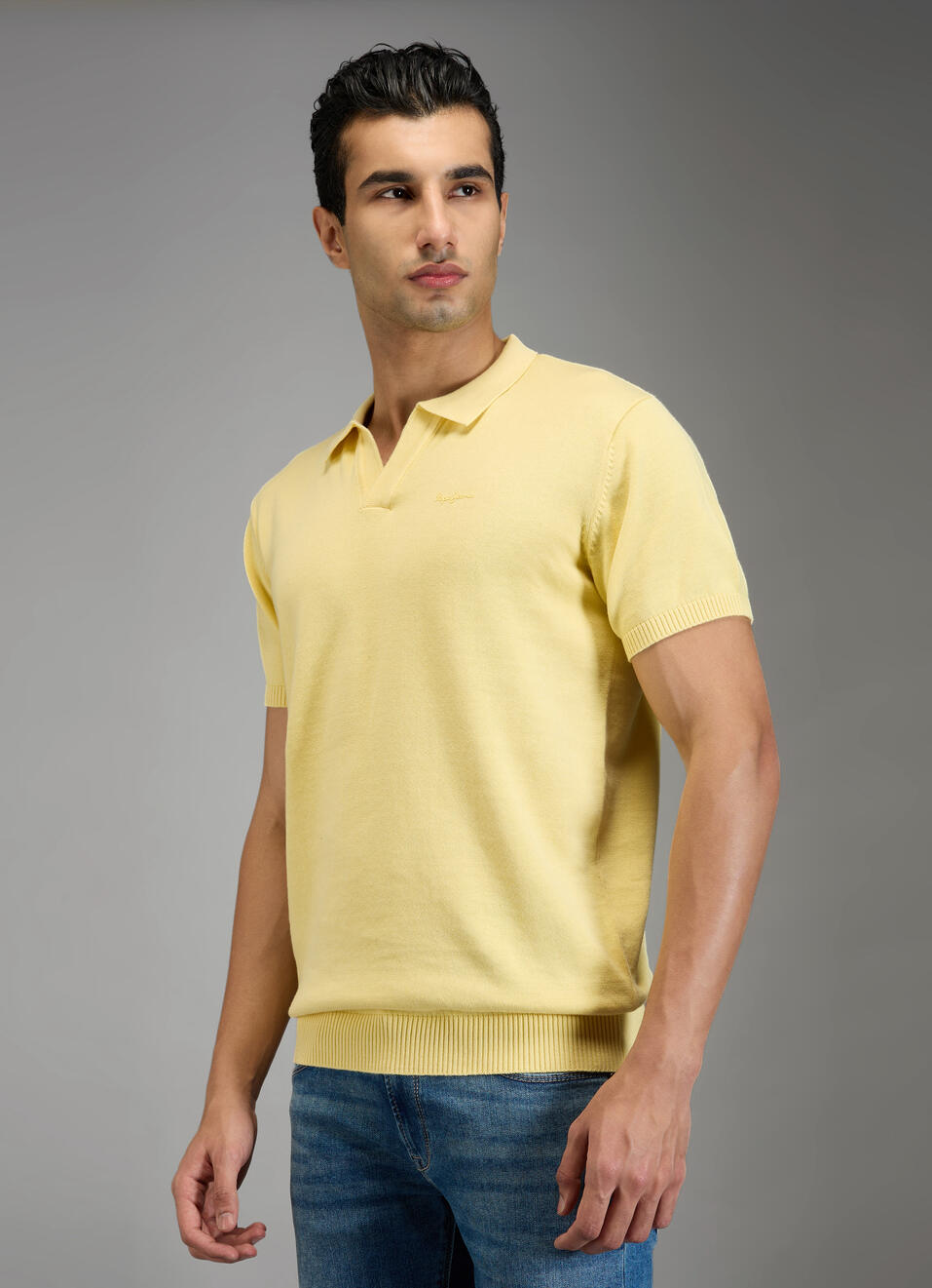 Men Yellow Solid Regular Fit Johnny Collar Polo T-shirt, , large image number 5