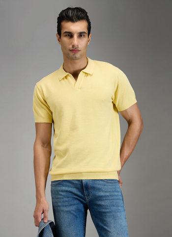 Men Yellow Solid Regular Fit Johnny Collar Polo T-shirt