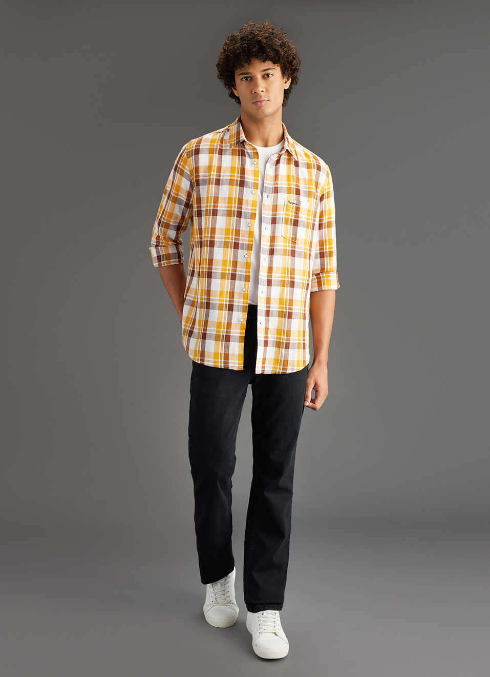 Men Yellow Checked Regular Fit Cotton Linen Shirt, , large image number 2
