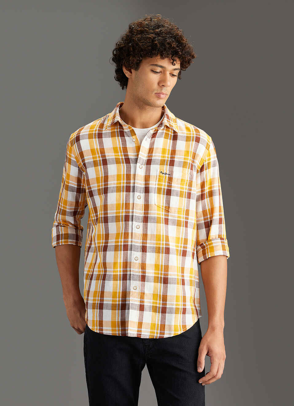 Men Yellow Checked Regular Fit Cotton Linen Shirt, , large image number 5