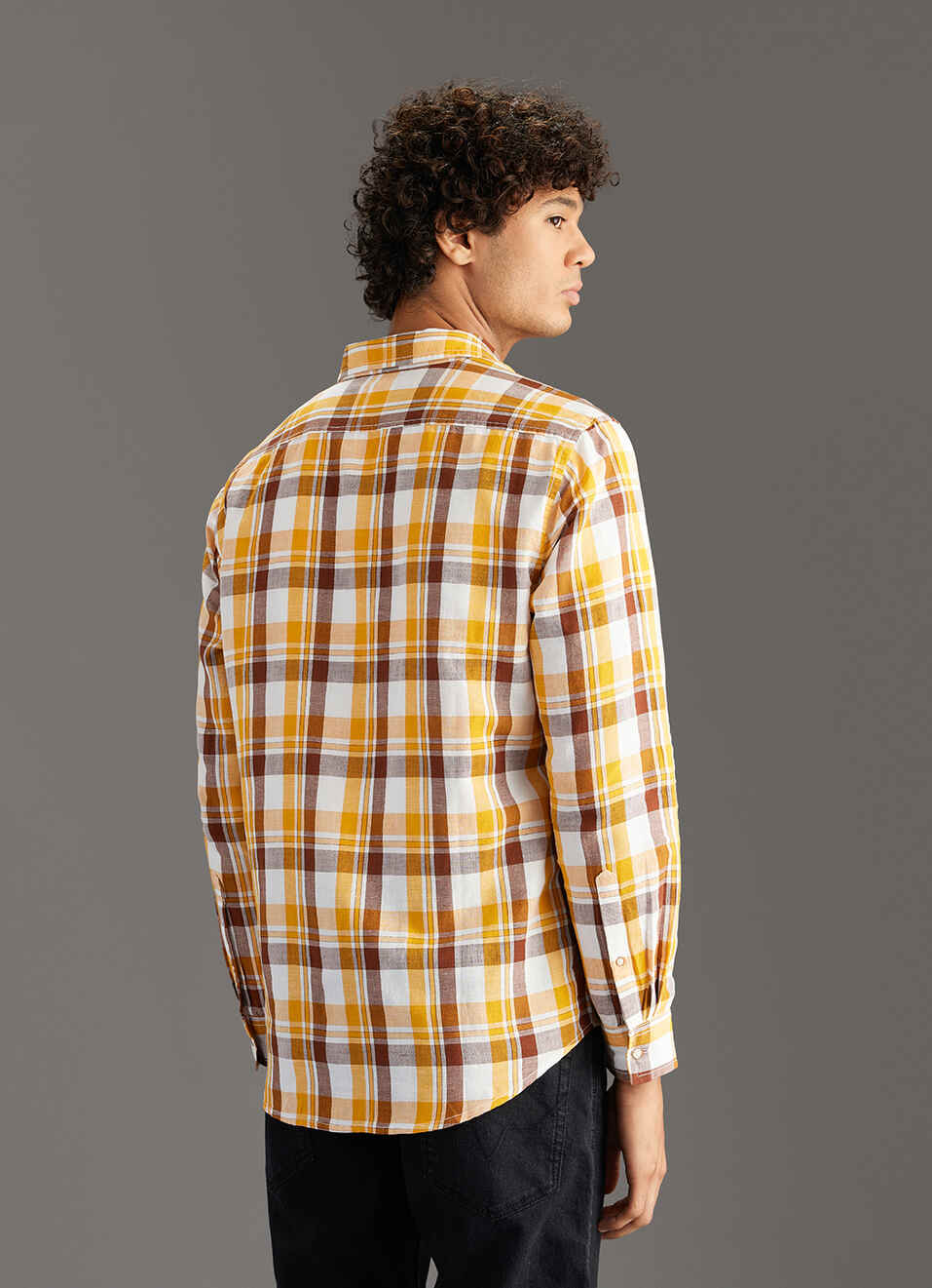 Men Yellow Checked Regular Fit Cotton Linen Shirt, , large image number 6