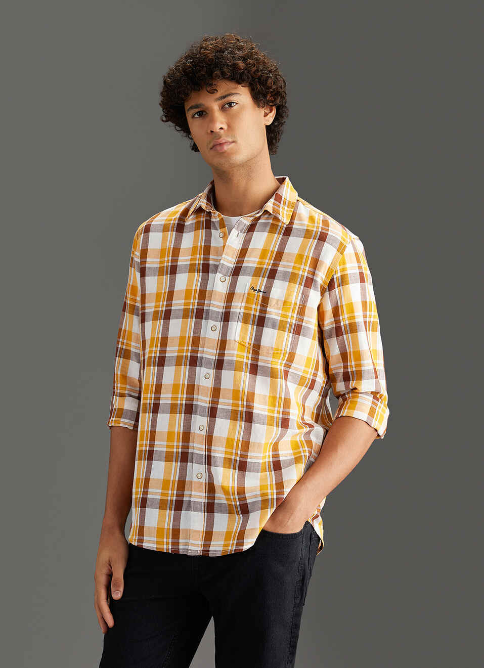 Men Yellow Checked Regular Fit Cotton Linen Shirt, , large image number 7