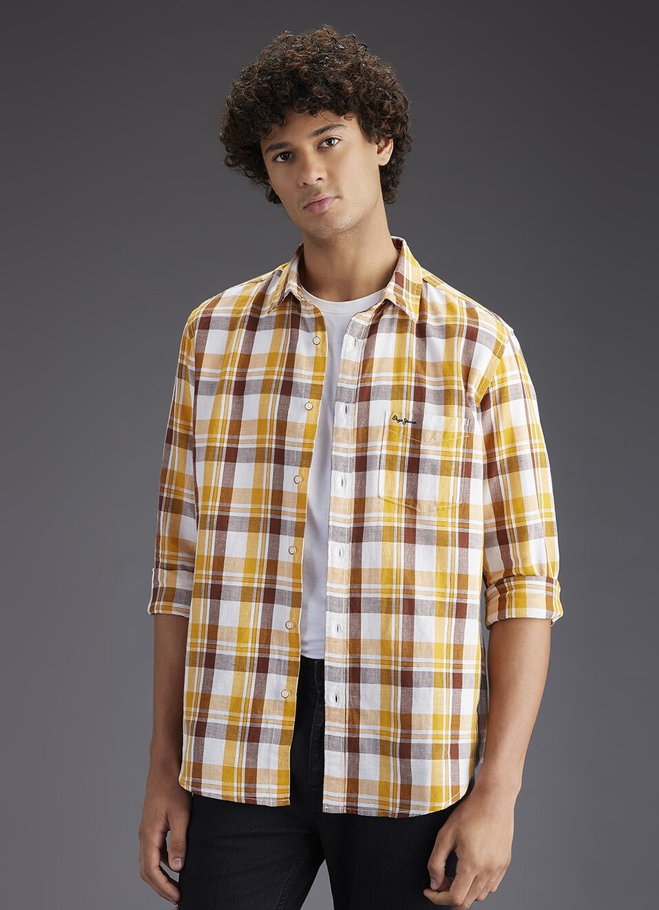 Men Yellow Checked Regular Fit Cotton Linen Shirt, , large image number 0