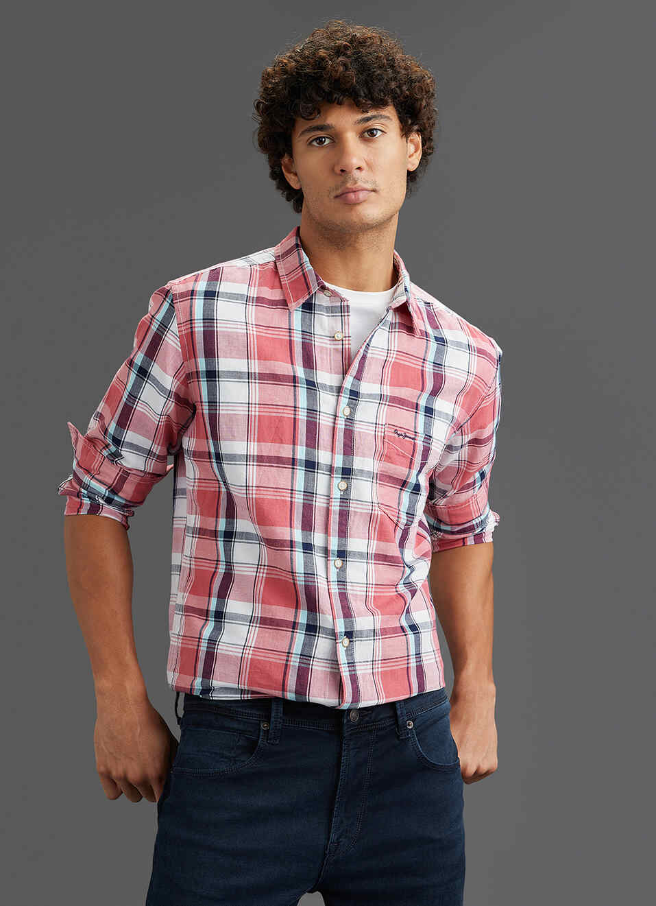 Men Peach Orange Checked Regular Fit Full Sleeve Casual Shirt, , large image number 5