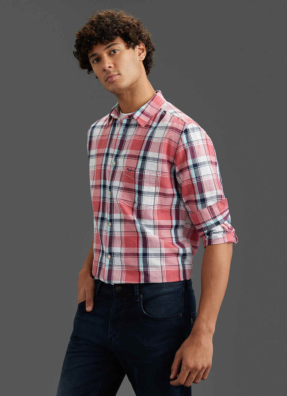 Men Peach Orange Checked Regular Fit Full Sleeve Casual Shirt, , large image number 7