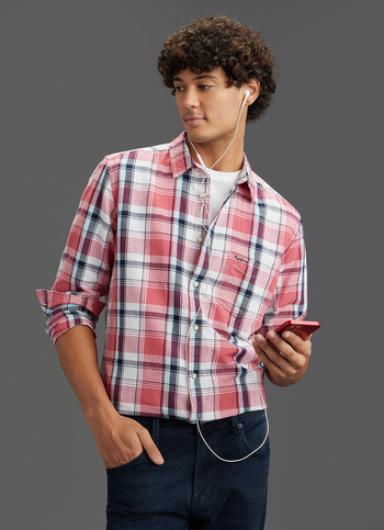 Men Peach Orange Checked Regular Fit Full Sleeve Casual Shirt