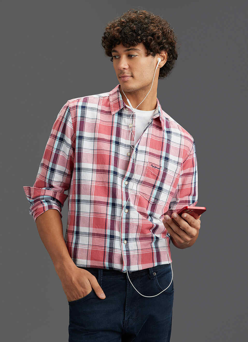 Men Peach Orange Checked Regular Fit Full Sleeve Casual Shirt, , large image number 0